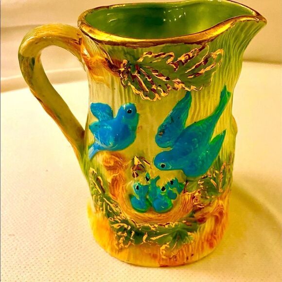 VTG Handmade Ceramic Blue Birds Nest Pitcher - Picture 5 of 9